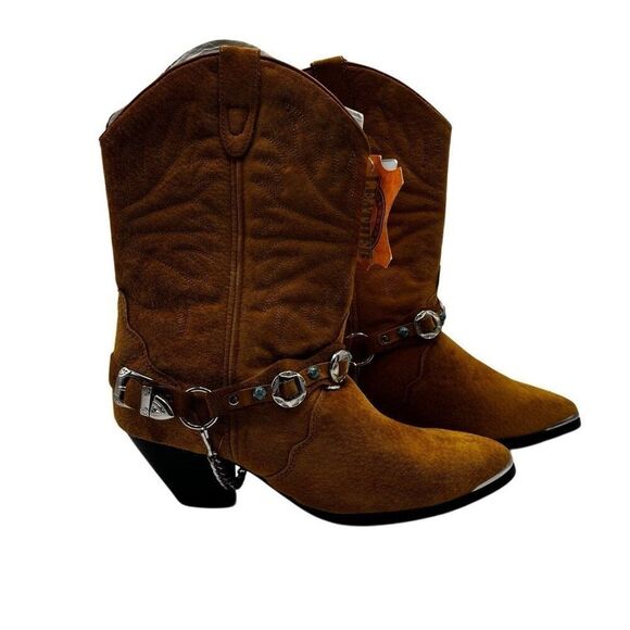 Dingo Western Leather Cowboy Boots With Gemstone Strap & Chain Brown Size 7.5 - Picture 2 of 8